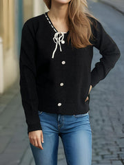 Tied V-Neck Long Sleeve Sweater - Trendsi