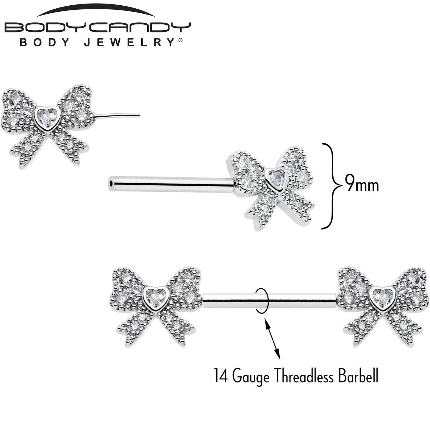 14G 9/16 CZ Dazzling Bow Threadless Nipple Ring Set - BodyCandy - Flyclothing LLC
