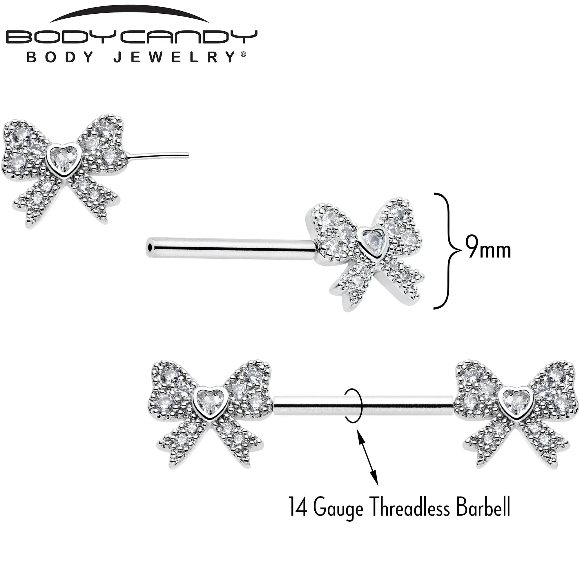14G 9/16 CZ Dazzling Bow Threadless Nipple Ring Set - BodyCandy - Flyclothing LLC