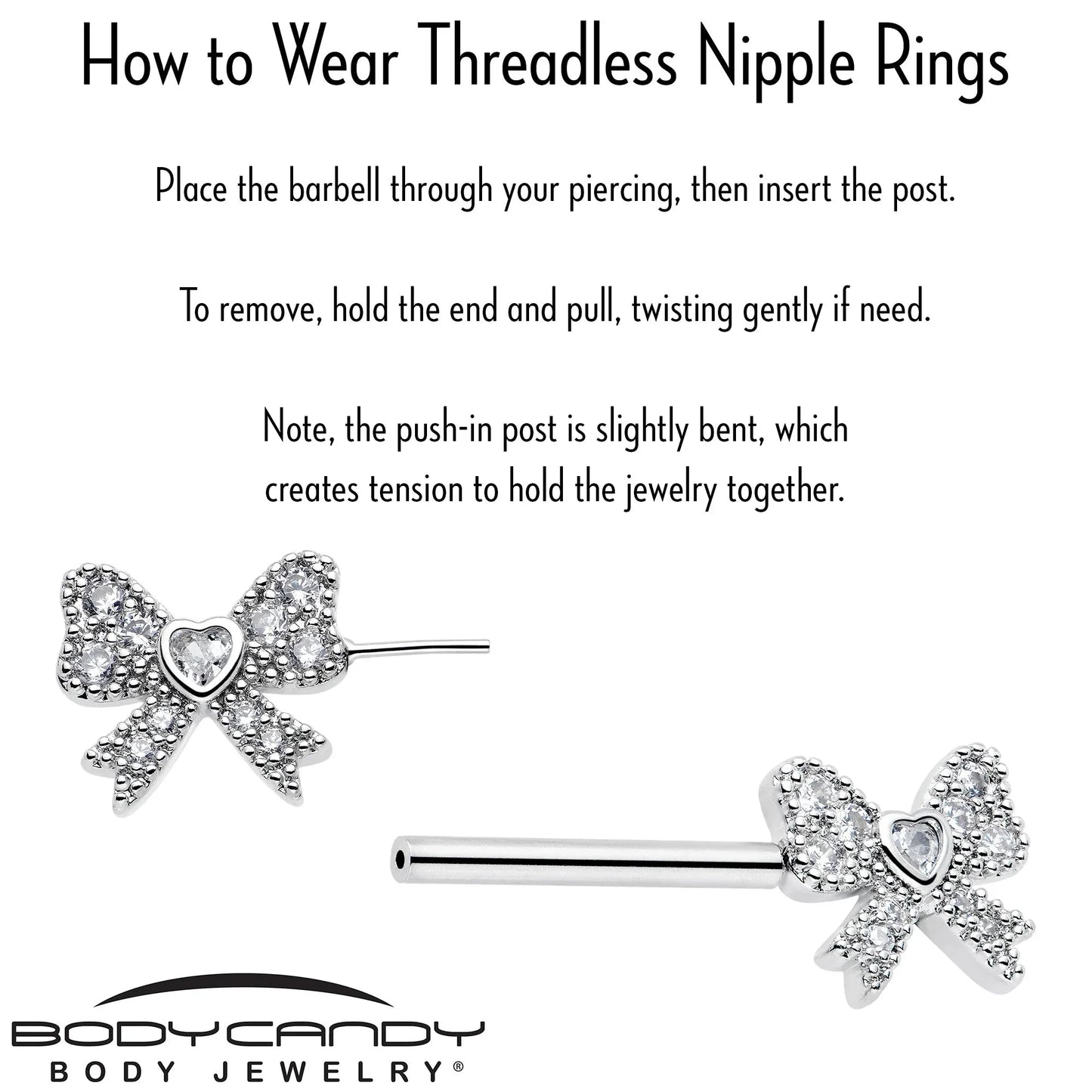 14G 9/16 CZ Dazzling Bow Threadless Nipple Ring Set - BodyCandy - Flyclothing LLC
