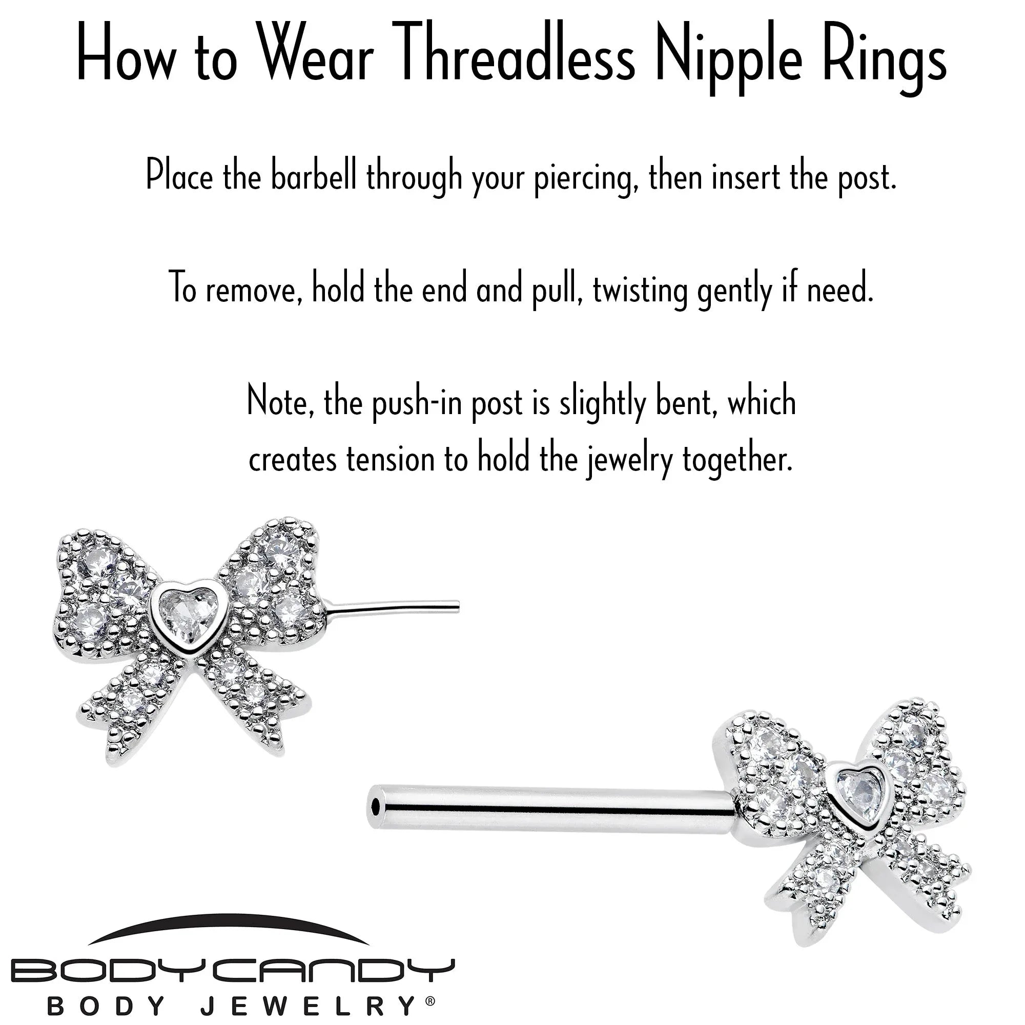 14G 9/16 CZ Dazzling Bow Threadless Nipple Ring Set - BodyCandy - Flyclothing LLC