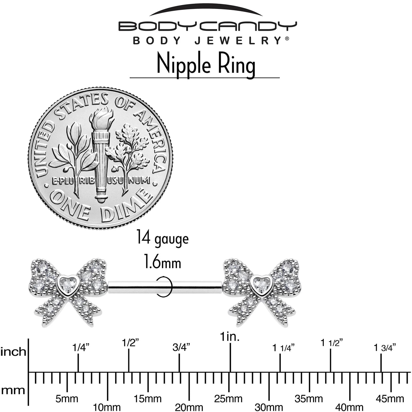 14G 9/16 CZ Dazzling Bow Threadless Nipple Ring Set - BodyCandy - Flyclothing LLC