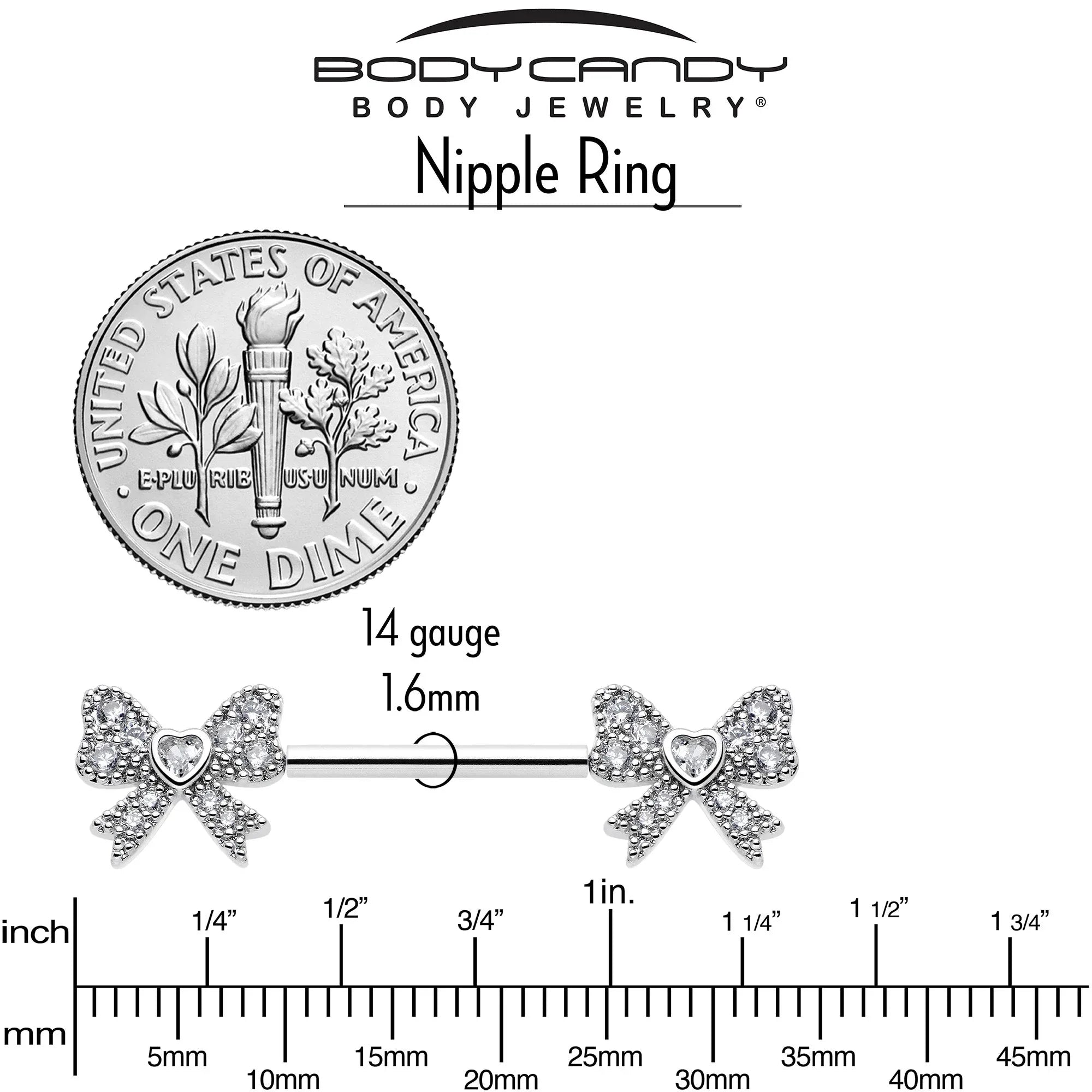 14G 9/16 CZ Dazzling Bow Threadless Nipple Ring Set - BodyCandy - Flyclothing LLC