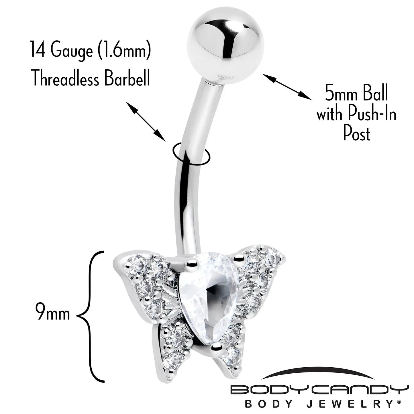 Cubic Zirconia Style Butterfly Belly Ring - BodyCandy - Flyclothing LLC