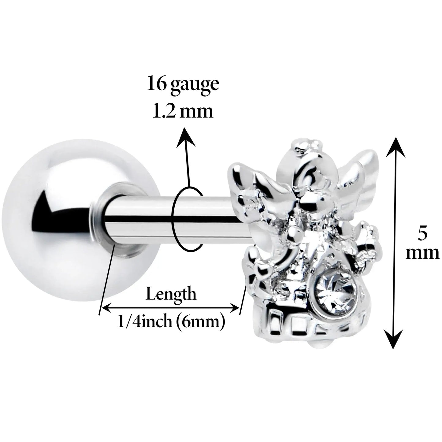 16G 1/4 Clear CZ Gem Fabulous Angel Cartilage Tragus Earring - BodyCandy - Flyclothing LLC