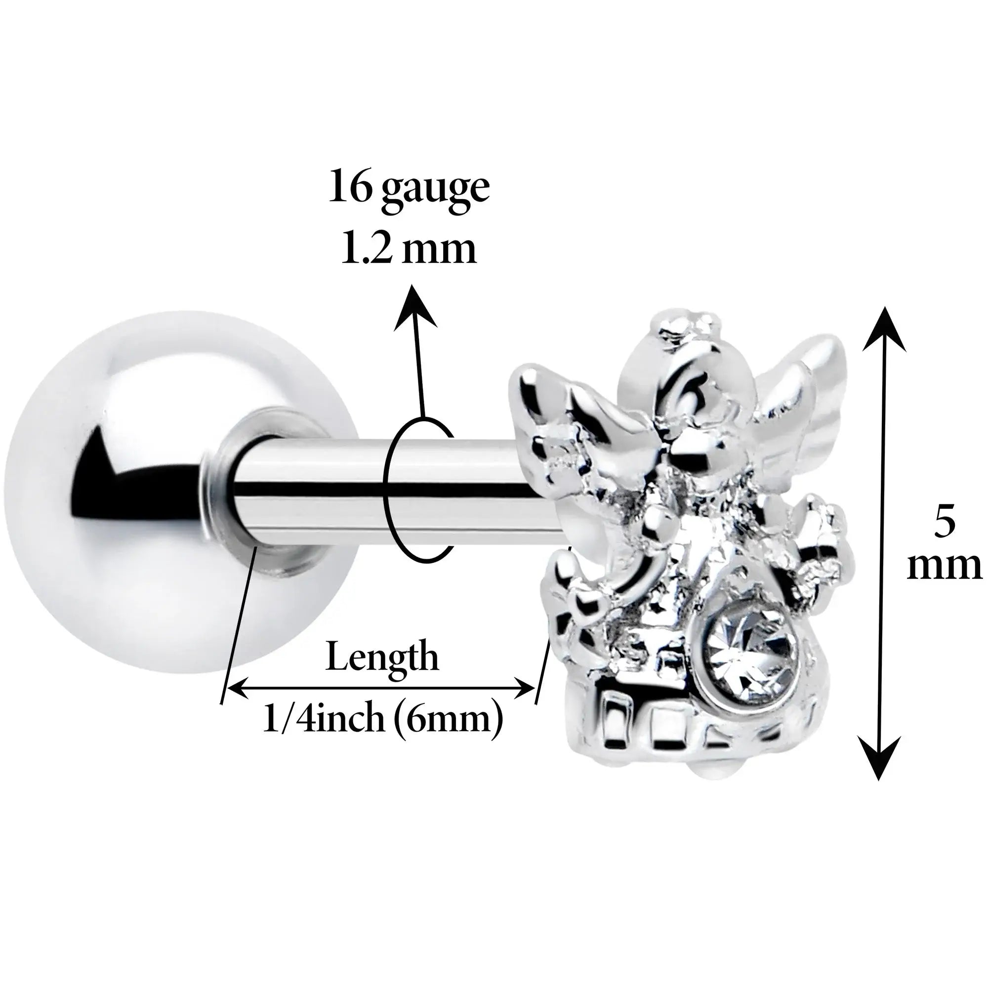 16G 1/4 Clear CZ Gem Fabulous Angel Cartilage Tragus Earring - BodyCandy - Flyclothing LLC