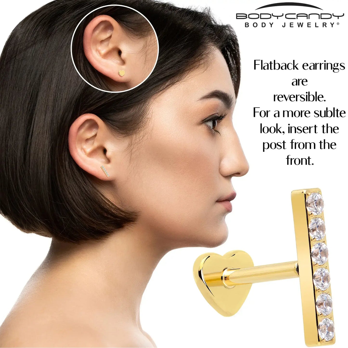 18G 1/4 Clear Gem Gold Plated Implant Grade Titanium Threadless Bar Flatback Stud - BodyCandy - Flyclothing LLC