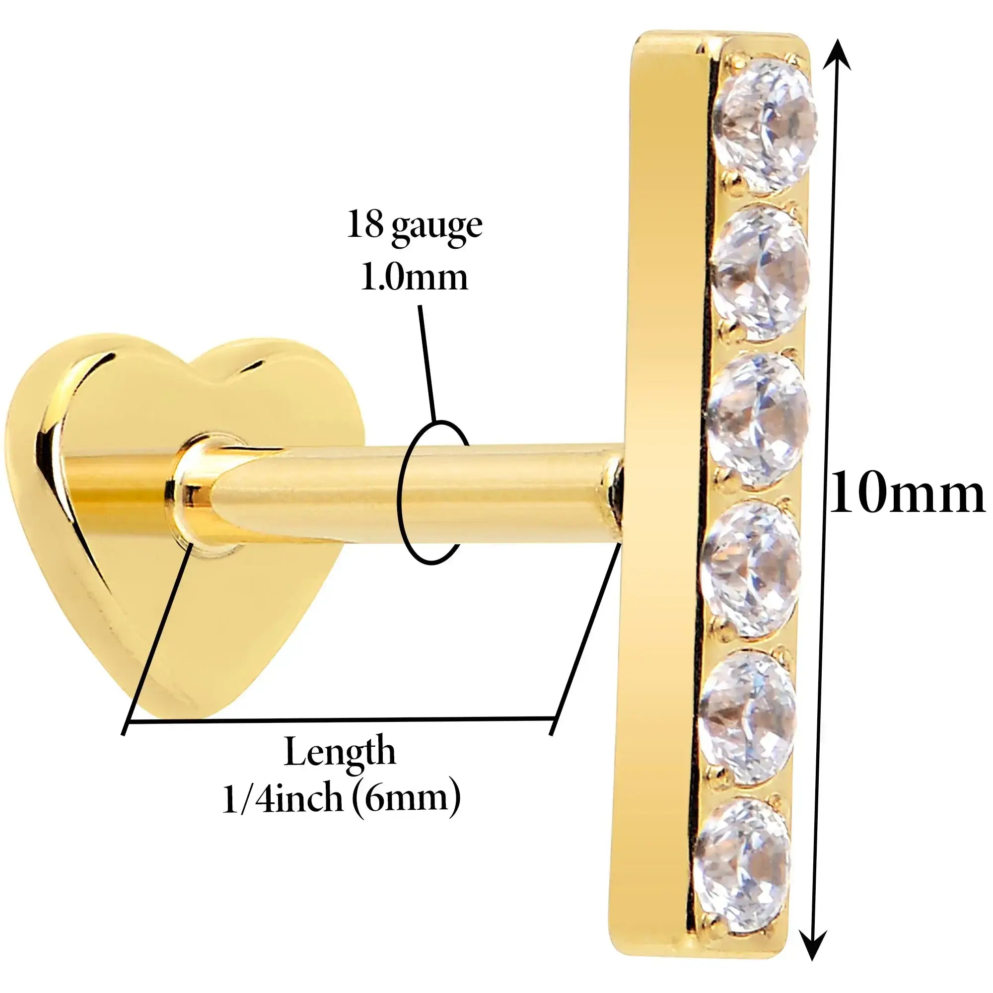 18G 1/4 Clear Gem Gold Plated Implant Grade Titanium Threadless Bar Flatback Stud - BodyCandy - Flyclothing LLC