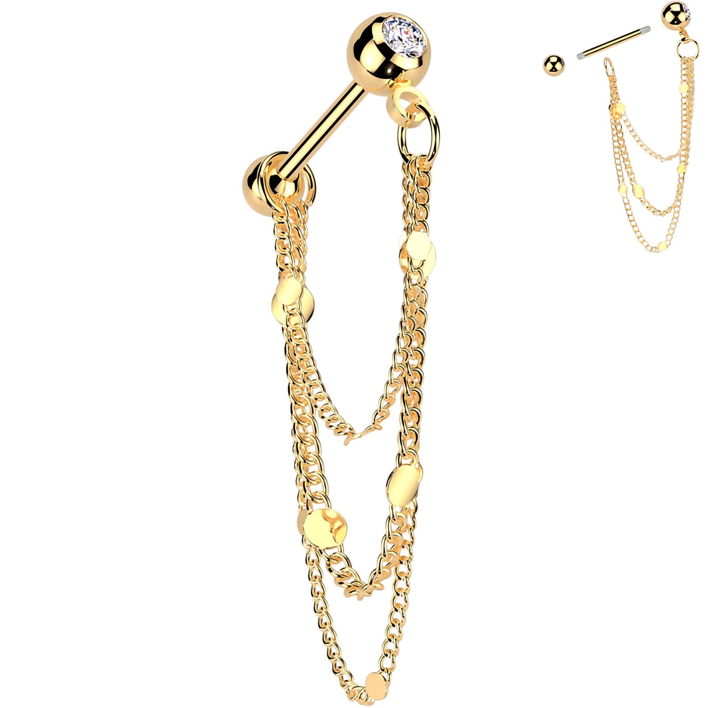 16G 5/16 CZ Gem Stud Triple Chain Cartilage Earring - BodyCandy - Flyclothing LLC