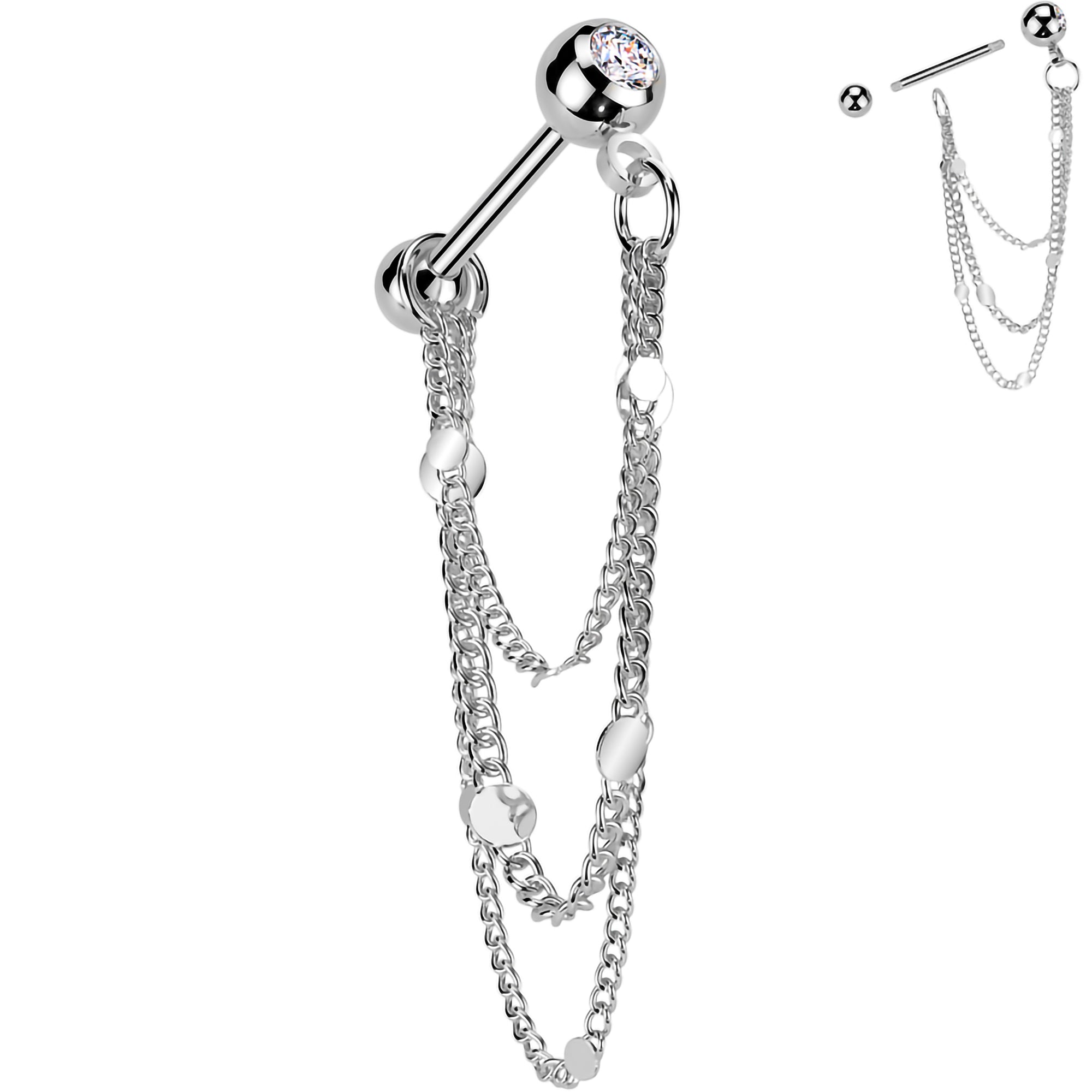 16G 5/16 CZ Gem Stud Triple Chain Cartilage Earring - BodyCandy - Flyclothing LLC