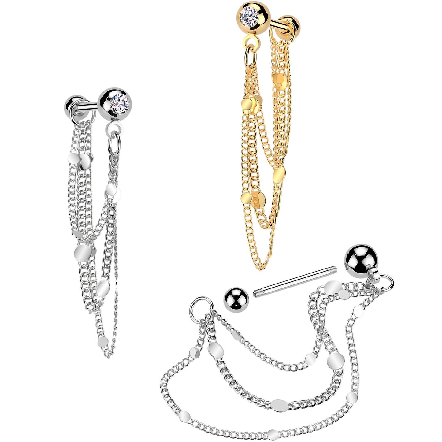 16G 5/16 CZ Gem Stud Triple Chain Cartilage Earring - BodyCandy - Flyclothing LLC