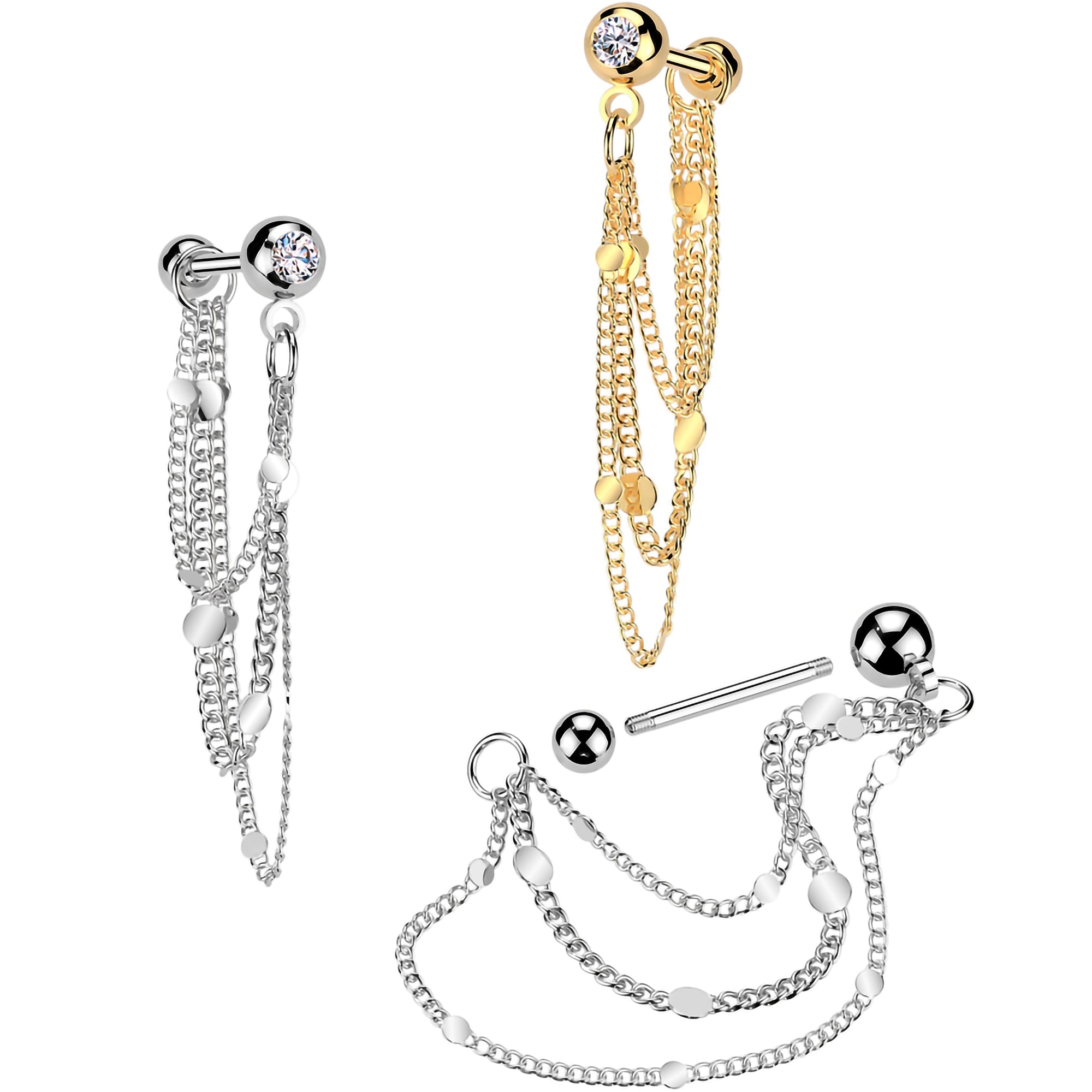 16G 5/16 CZ Gem Stud Triple Chain Cartilage Earring - BodyCandy - Flyclothing LLC