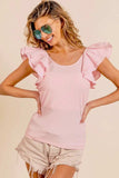 BiBi Wide Layered Ruffle Sleeve Scoop Neck Ribbed Top - Trendsi - Flyclothing LLC