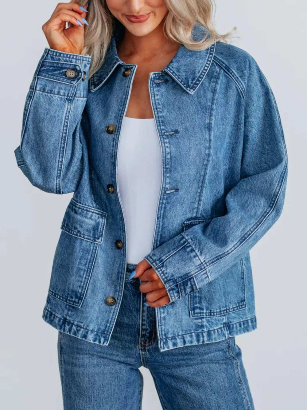 Button Up Raglan Sleeve Denim Jacket - Trendsi - Flyclothing LLC