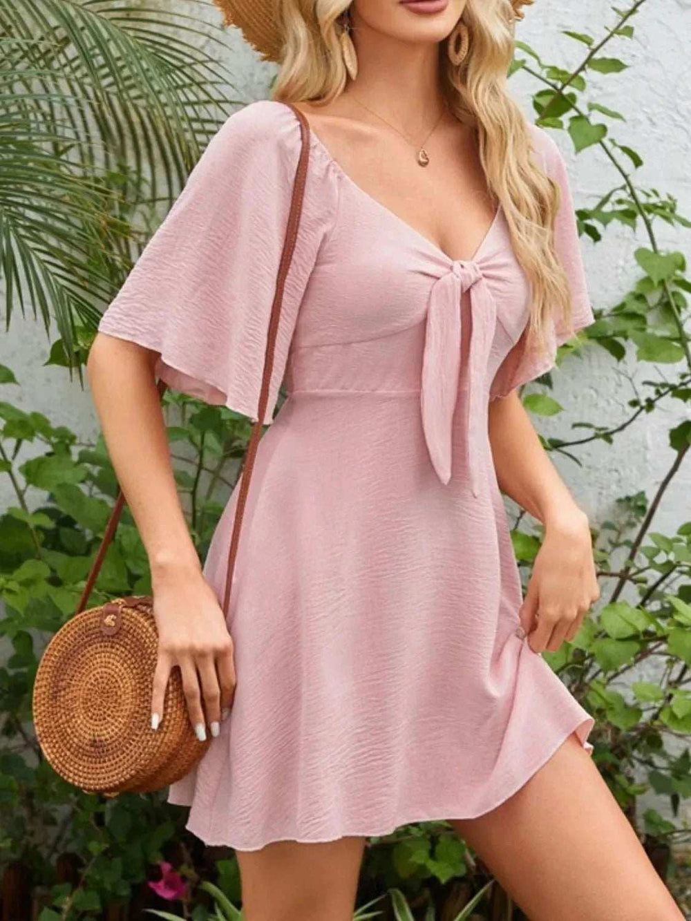 Smocked Back Knotted Flutter Sleeve Dress - Trendsi - Flyclothing LLC