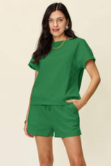 Double Take Full Size Texture Short Sleeve T-Shirt and Drawstring Shorts Set - Trendsi - Flyclothing LLC