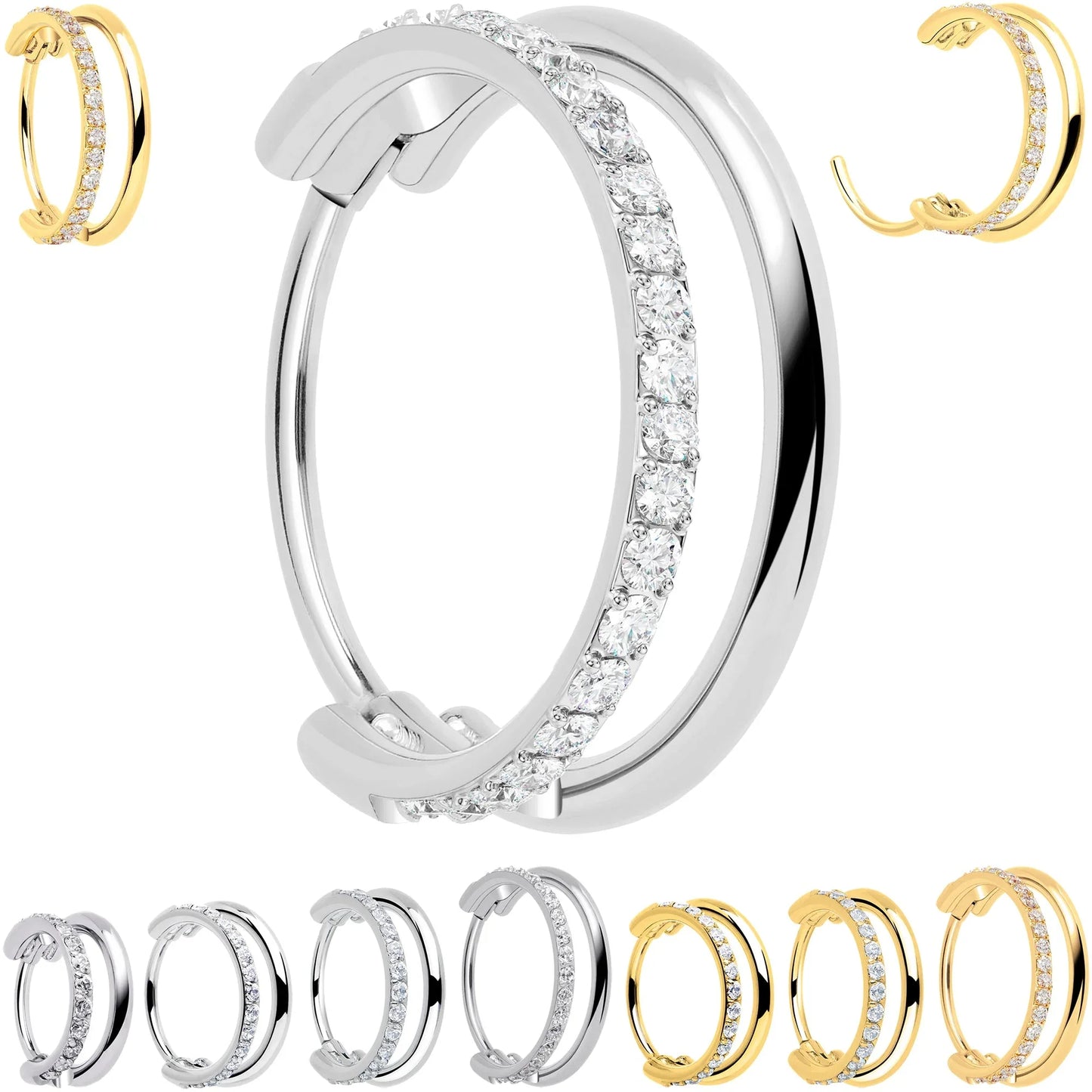 Single Row Micro Gem Implant Grade Titanium Hinged Double Hoop Nose Ring - BodyCandy - Flyclothing LLC