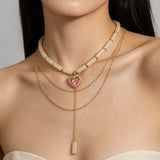 Layered Heart Pendant Necklace with Jade Beads - Trendsi - Flyclothing LLC