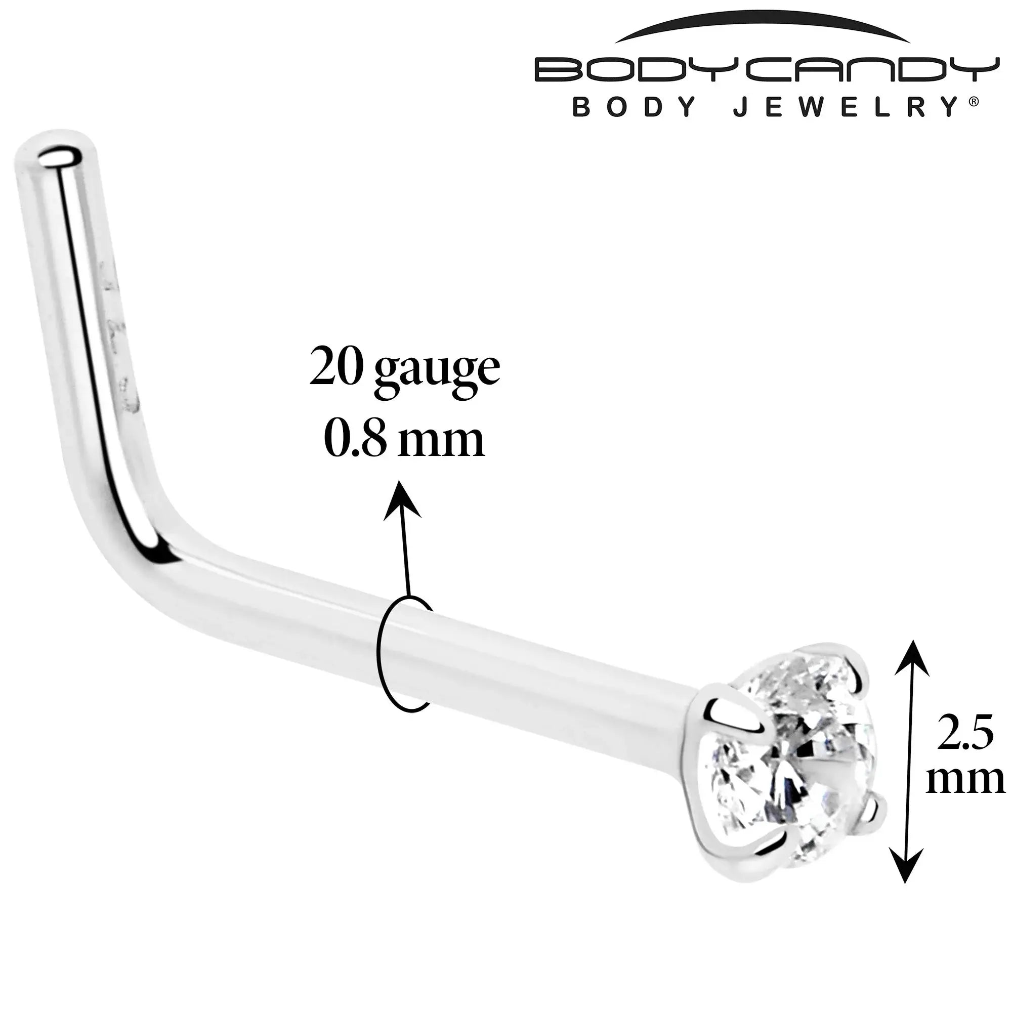 20G Gold Plated 925 Sterling Silver 2mm CZ L-Shape Nose Ring - BodyCandy - Flyclothing LLC