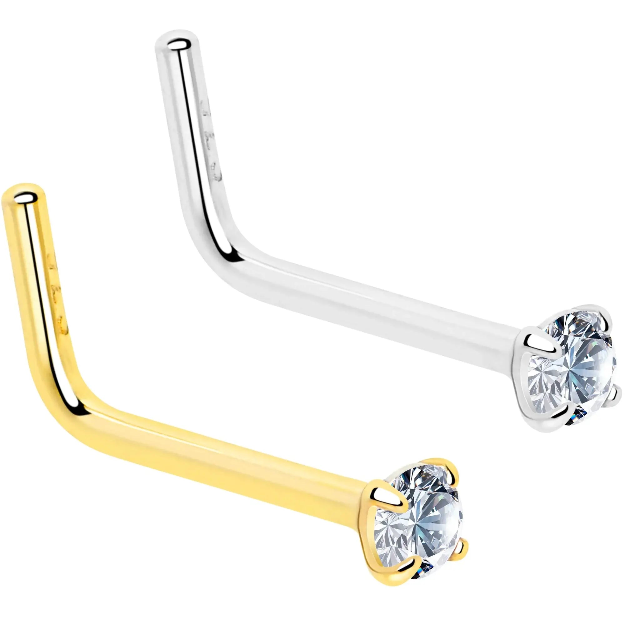 20G Gold Plated 925 Sterling Silver 2mm CZ L-Shape Nose Ring - BodyCandy - Flyclothing LLC