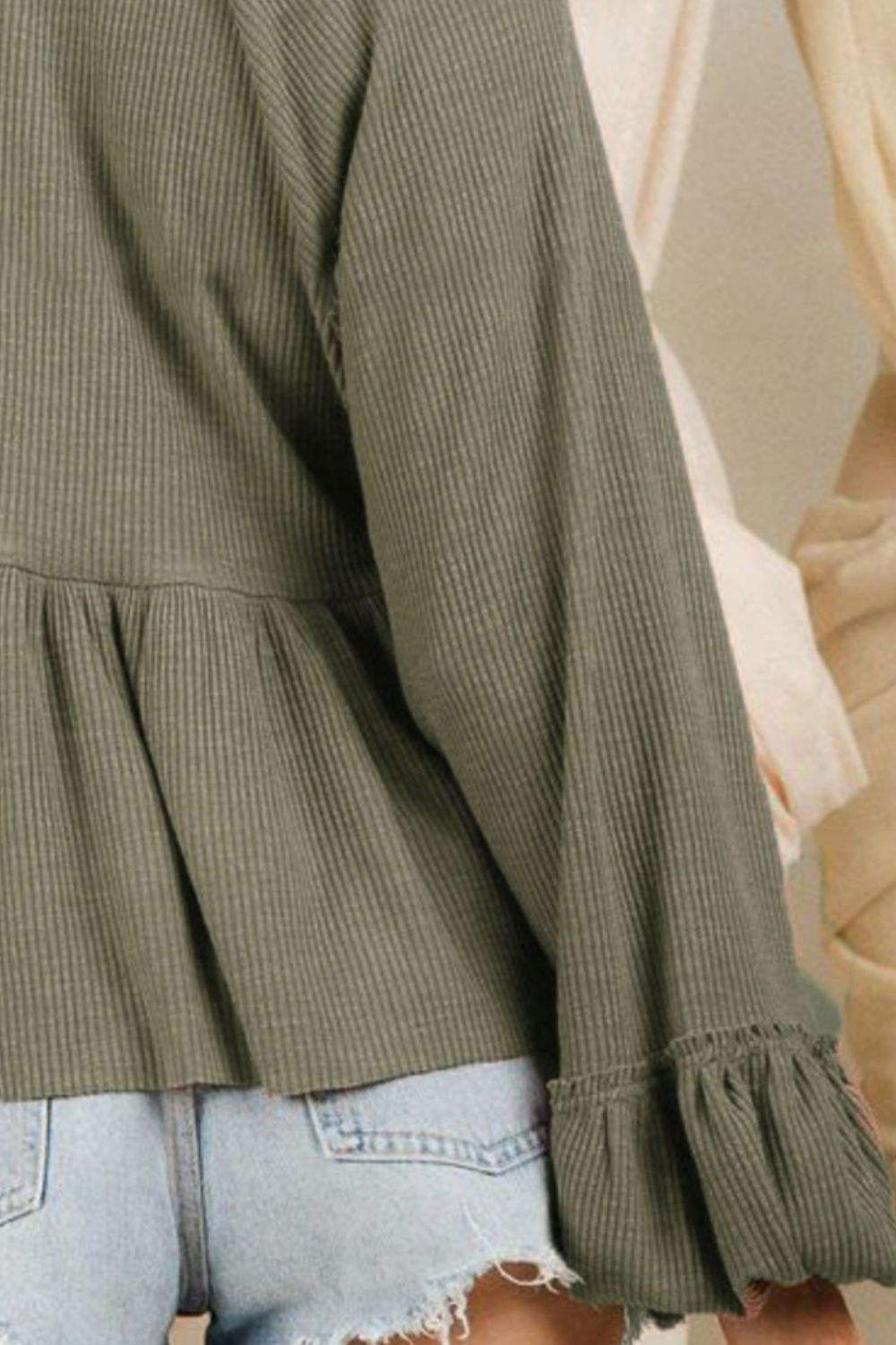 Notched Balloon Sleeve Peplum Blouse - Trendsi - Flyclothing LLC