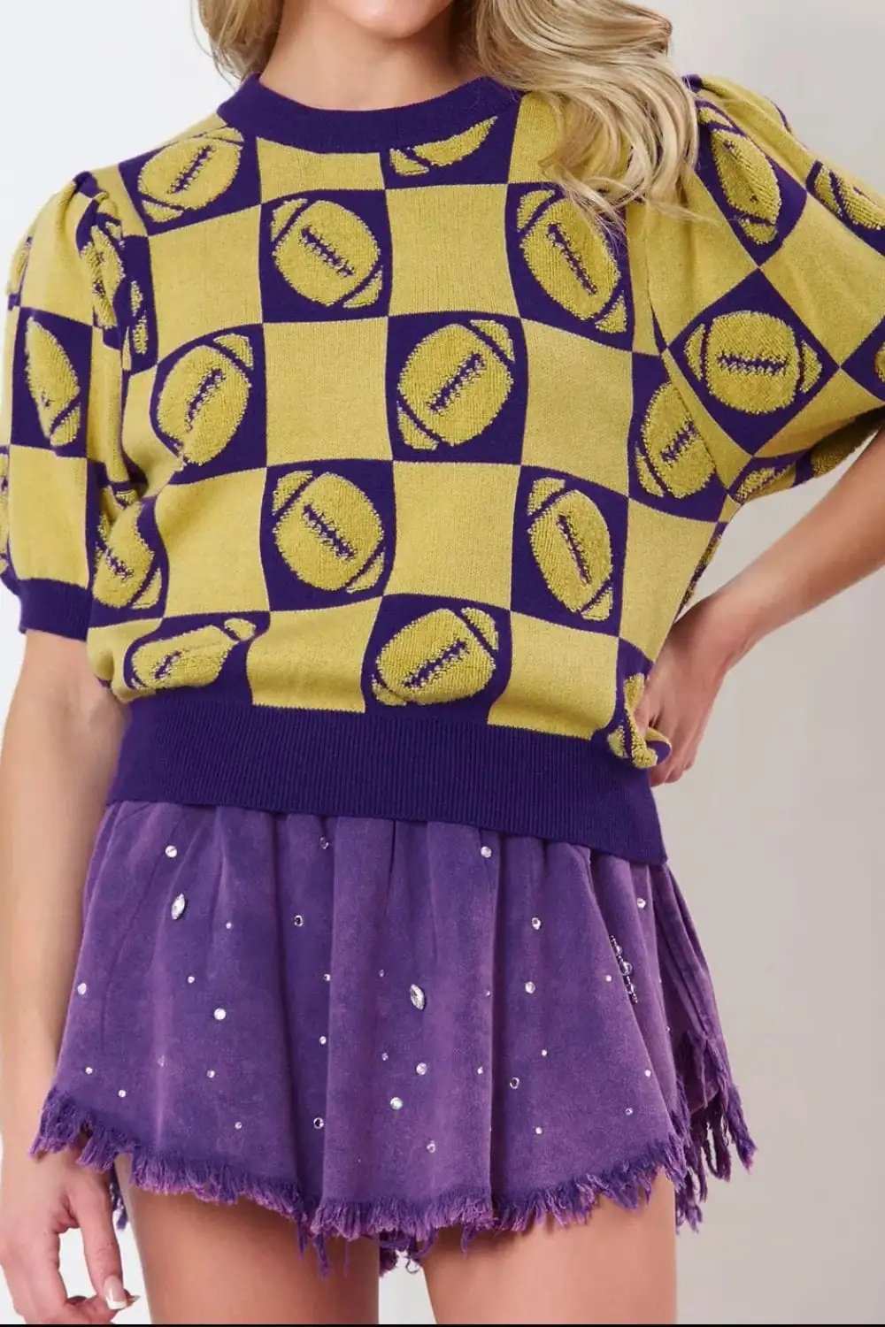 Football Round Neck Short Sleeve Sweater - Trendsi - Flyclothing LLC