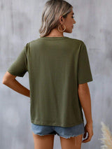 Embroidered Notched Short Sleeve T-Shirt - Trendsi - Flyclothing LLC