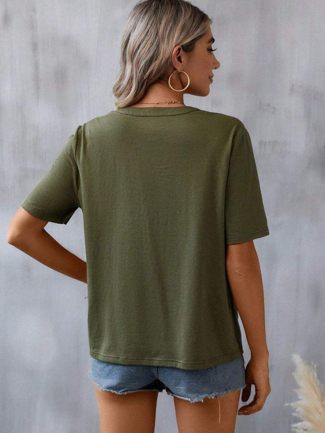 Embroidered Notched Short Sleeve T-Shirt - Trendsi - Flyclothing LLC