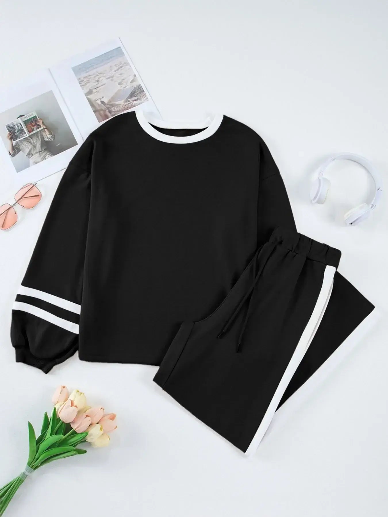 Contrast Trim Round Neck Top and Pants Set - Trendsi - Flyclothing LLC