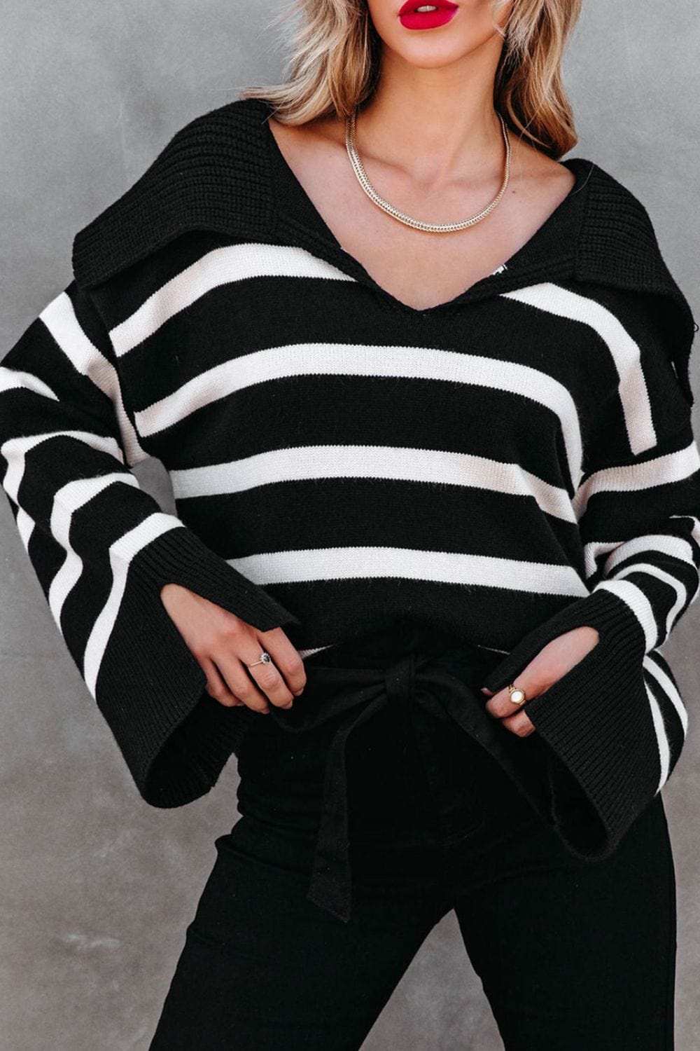 Striped Johnny Collar Long Sleeve Sweater - Trendsi - Flyclothing LLC