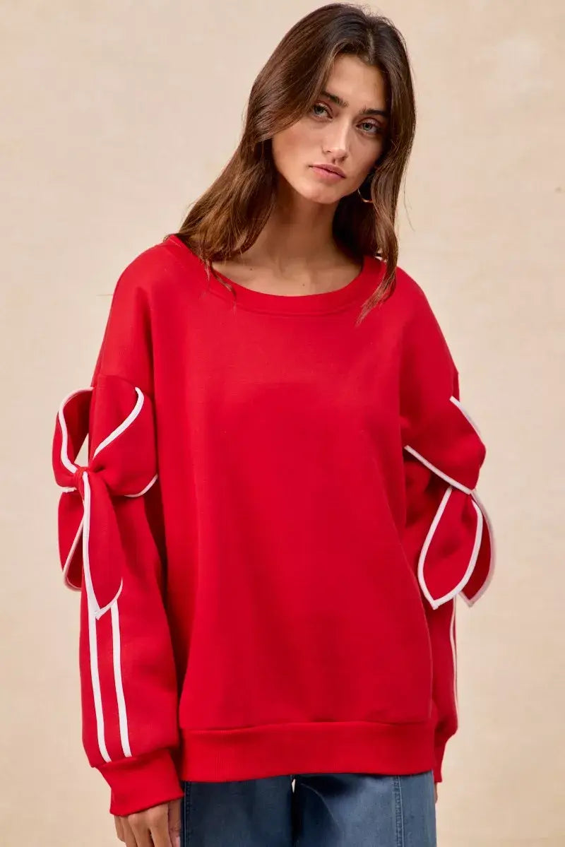 BiBi Bow Detail Sleeves Fleece Sweatshirt - Trendsi - Flyclothing LLC