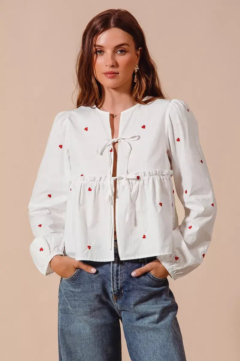 SO ME Front Tie Heart Embroidered Blouse With Puff Sleeve - Trendsi - Flyclothing LLC