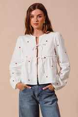 SO ME Front Tie Heart Embroidered Blouse With Puff Sleeve - Trendsi - Flyclothing LLC