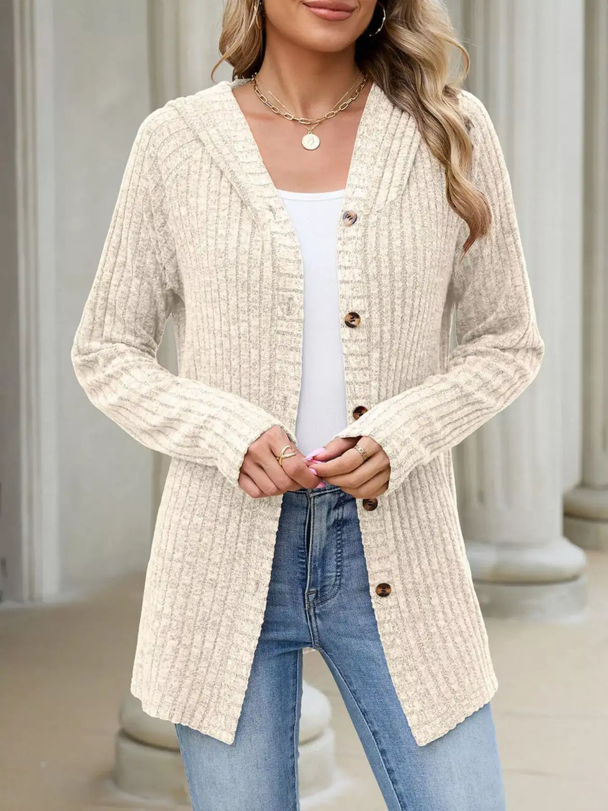 Ribbed Knit Hooded Button-Down Cardigan - Trendsi - Flyclothing LLC