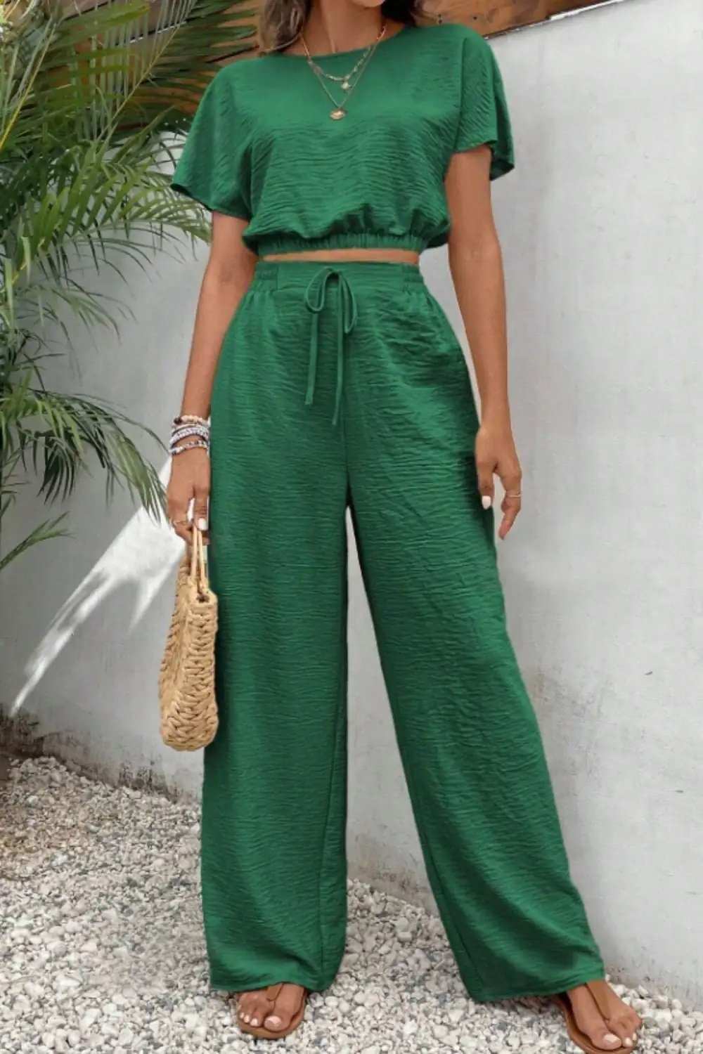 Round Neck Short Sleeve Top and Pants Set - Trendsi - Flyclothing LLC