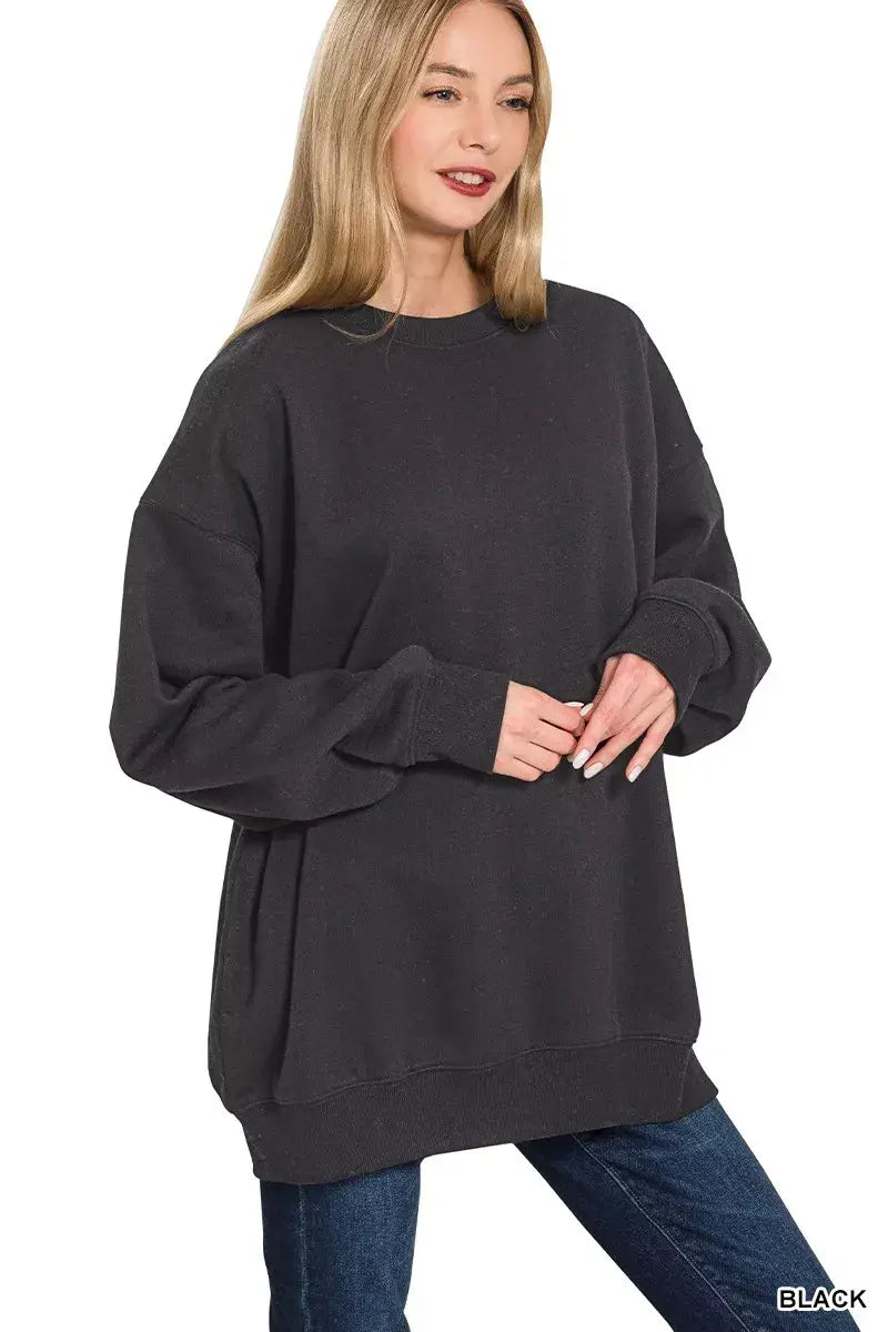 Zenana Oversized Round Neck Fleece Tunic Sweatshirt - Trendsi - Flyclothing LLC