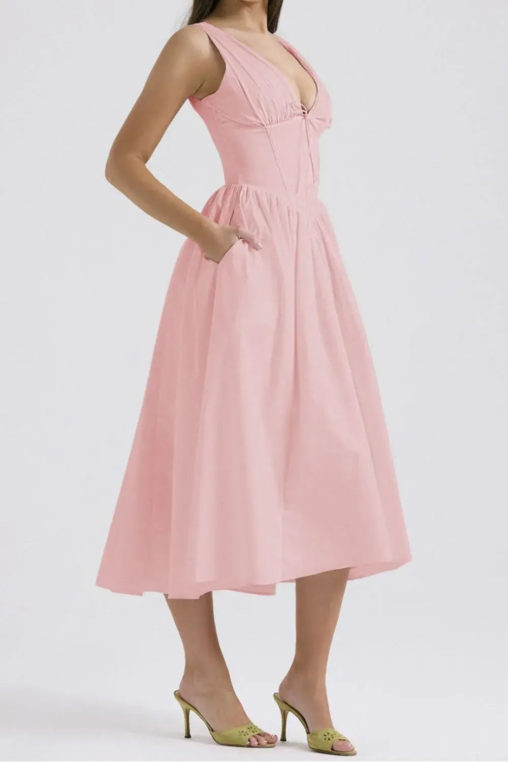 Ruched V-Neck Sleeveless Dress with Pockets - Trendsi - Flyclothing LLC