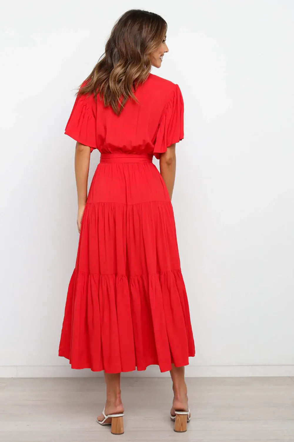 Front Tie Short Sleeve Tiered Midi Dress - Trendsi - Flyclothing LLC