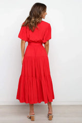Front Tie Short Sleeve Tiered Midi Dress - Trendsi - Flyclothing LLC