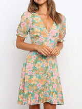 Ruffled Hem Printed Short Sleeve Mini Dress - Trendsi - Flyclothing LLC