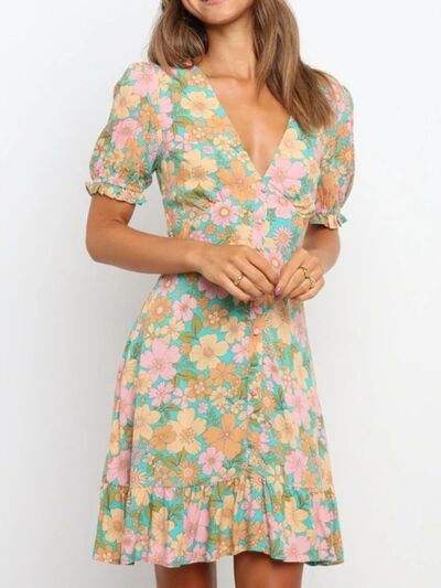Ruffled Hem Printed Short Sleeve Mini Dress - Trendsi - Flyclothing LLC