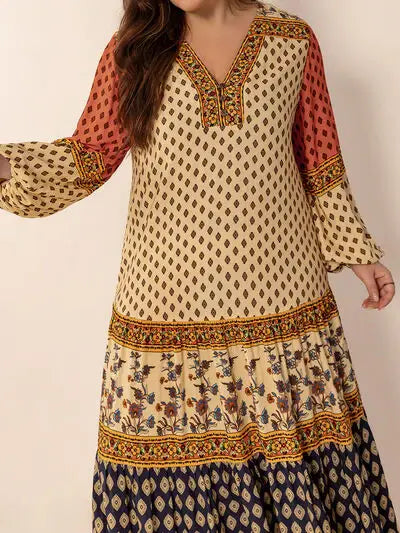 Plus Size Printed V-Neck Long Sleeve Maxi Dress - Trendsi - Flyclothing LLC