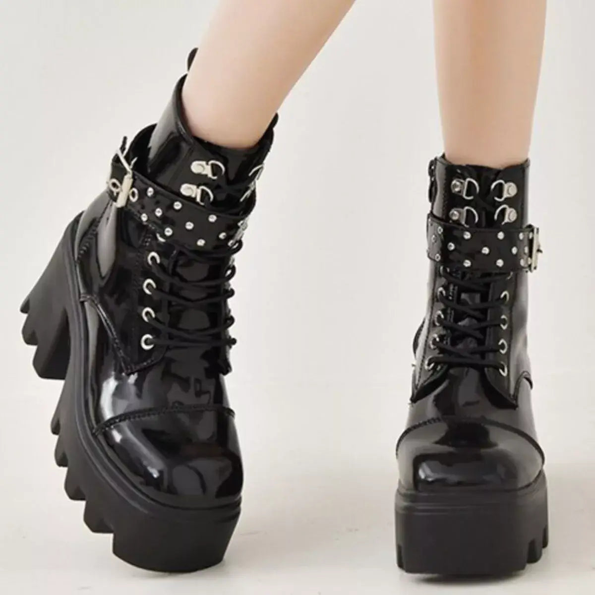 Platform Ankle Boots with Buckle and Studded Detail - Trendsi - Flyclothing LLC