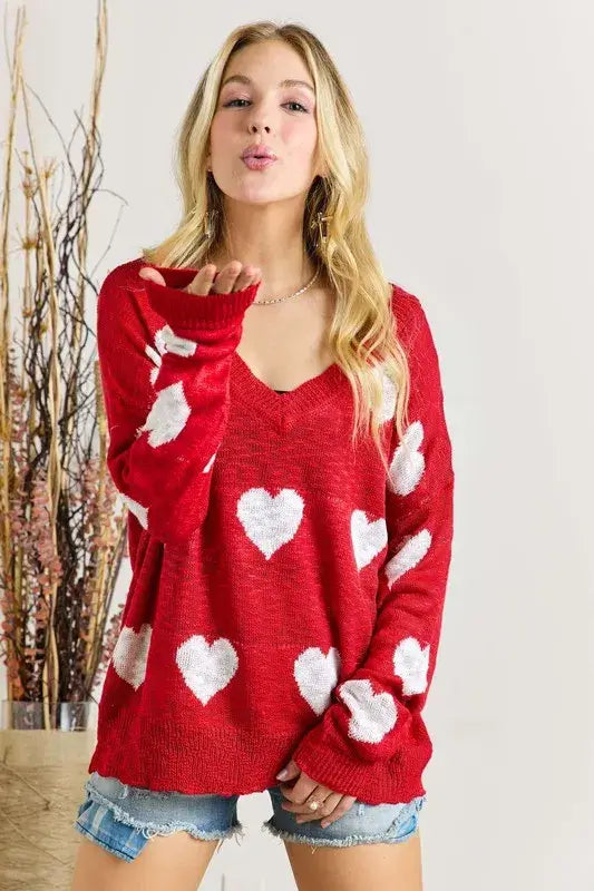 ADORA Full Size Heart V-Neck Knit Top Plus Size - Trendsi - Flyclothing LLC