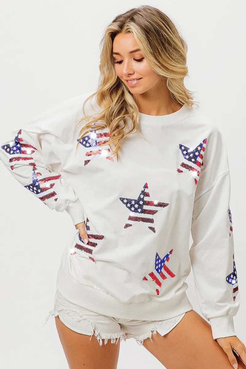 BiBi American Flag Sequin Star Sweatshirt - Trendsi - Flyclothing LLC
