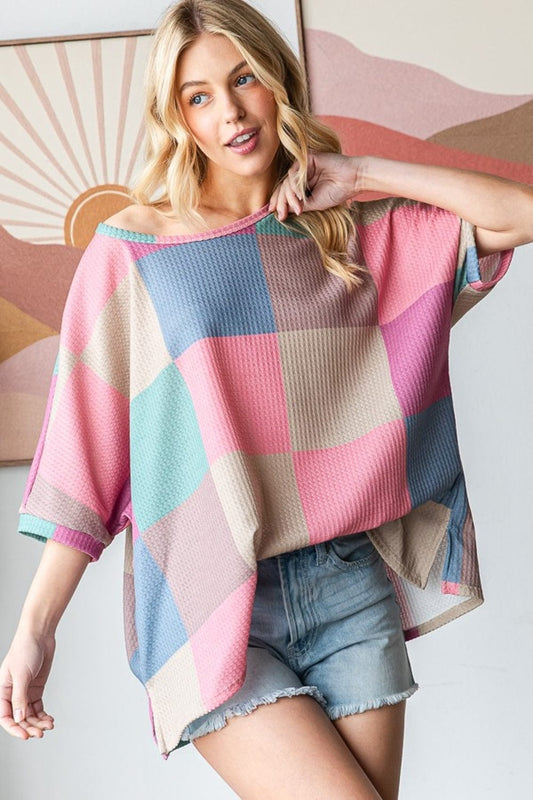 HOPELY Full Size Checkered Round Neck Side Slit T-Shirt - Trendsi