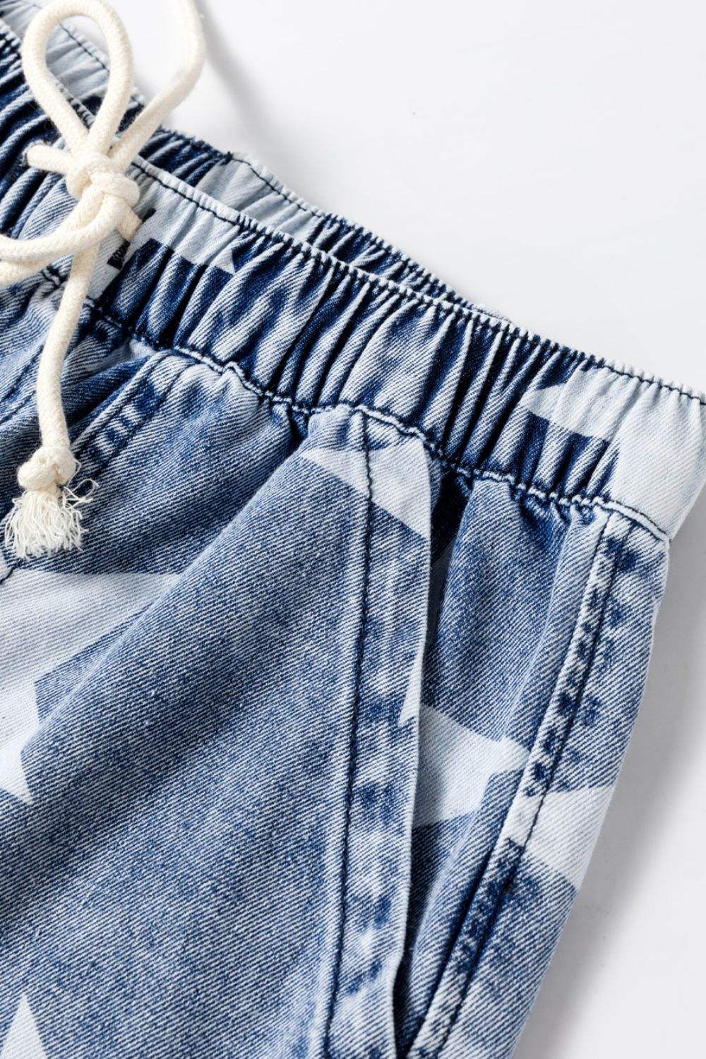Star Print Washed Drawstring High Waist Wide Leg Jeans - Trendsi - Flyclothing LLC