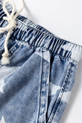 Star Print Washed Drawstring High Waist Wide Leg Jeans - Trendsi - Flyclothing LLC