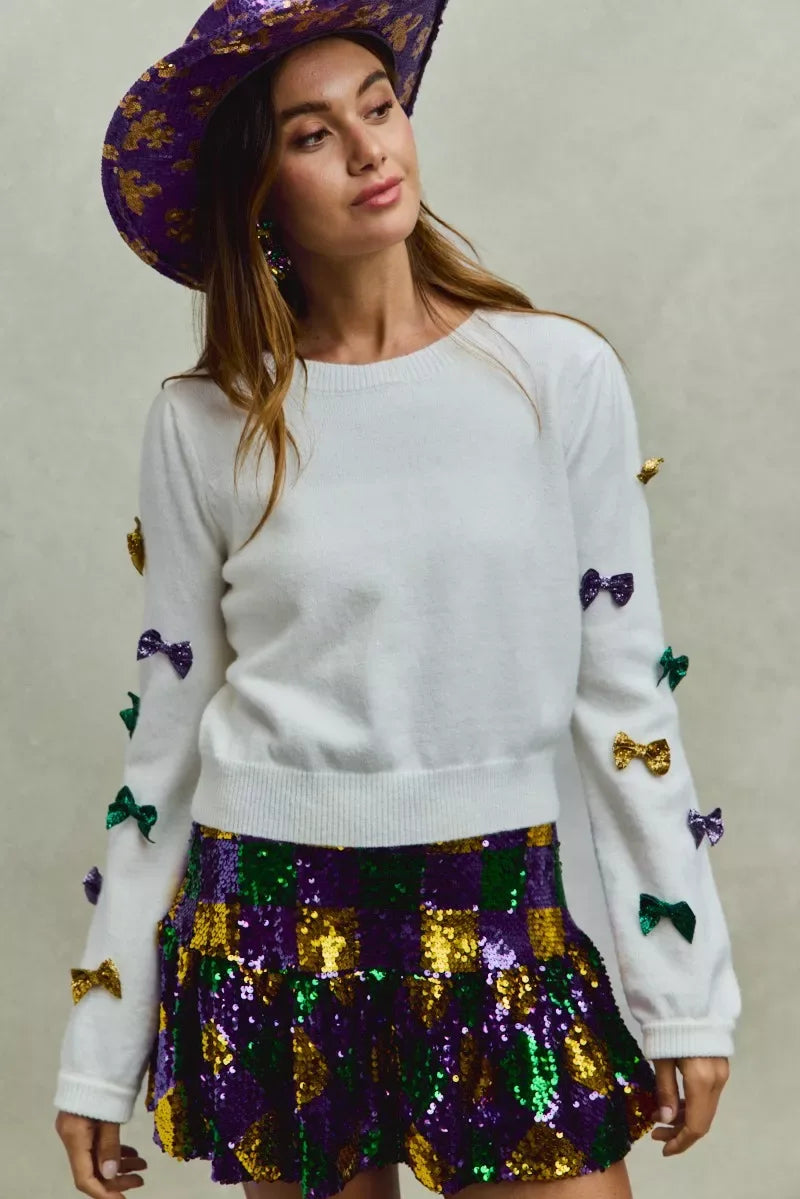 SO ME Mardi Gras Glitter Bow Ribbon Sweater Knit Top - Trendsi - Flyclothing LLC