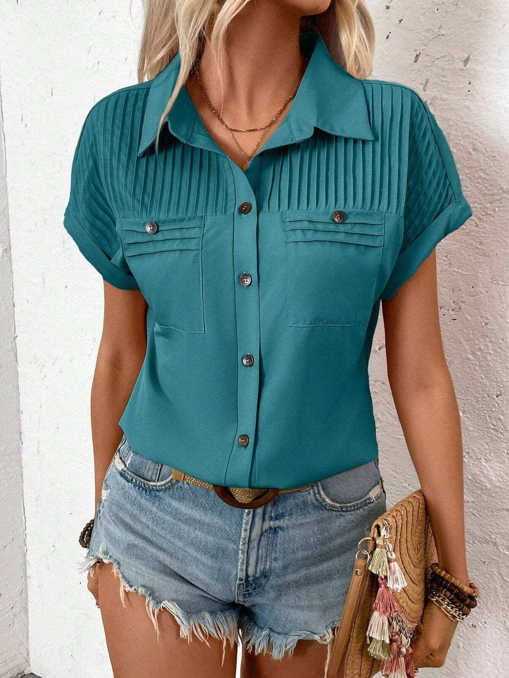 Pleated Detail Collared Neck Short Sleeve Shirt - Trendsi - Flyclothing LLC